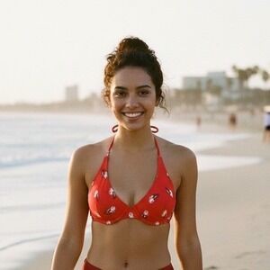 1937 Red Floral Halter Bikini Top Bra Underwire Push Up Swimsuit - Size 32B